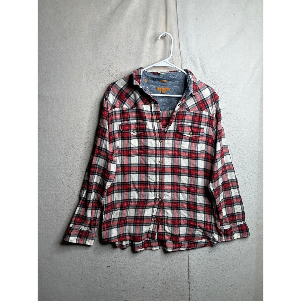Jachs Girlfriend Red Plaid Snap Front Western Shirt Paisley Trim XL